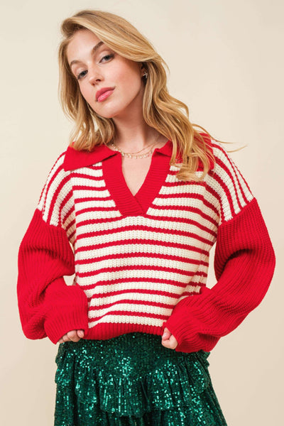 Striped Johnny Collar Long Sleeve Sweater