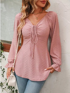 Full Size Drawstring Ruffled V-Neck Long Sleeve Blouse