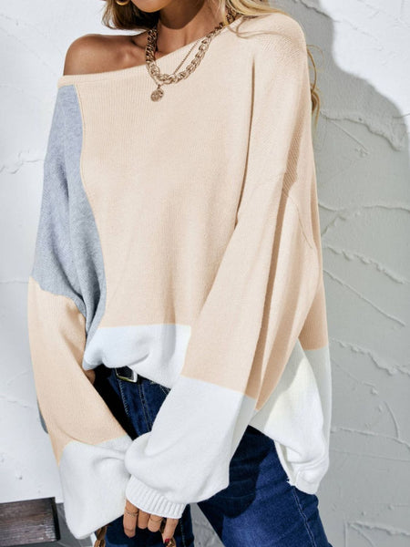 Angel Wings Color Block Balloon Sleeve Boat Neck Sweater