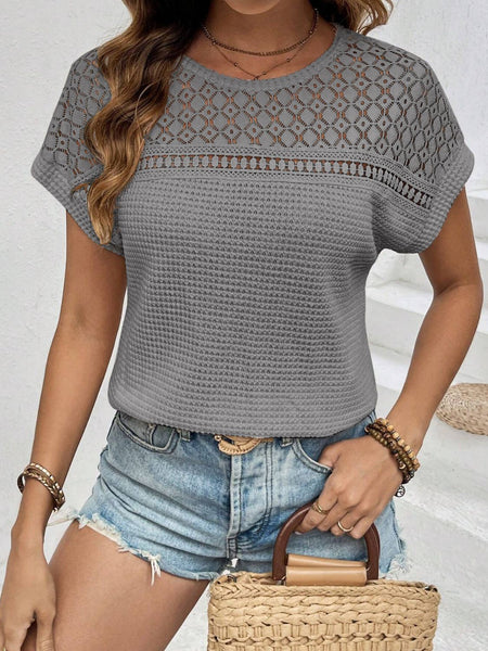 Waffle-Knit Round Neck Short Sleeve Top