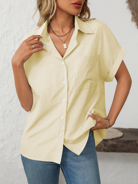 Pocketed Striped Collared Neck Short Sleeve Shirt