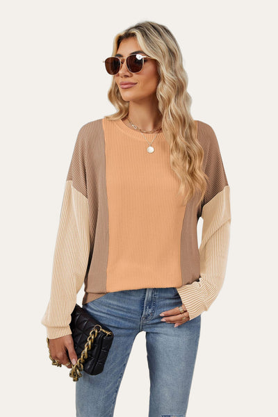 Texture Contrast Round Neck Long Sleeve T-Shirt