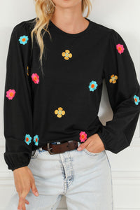 Flower Round Neck Long Sleeve Sweater