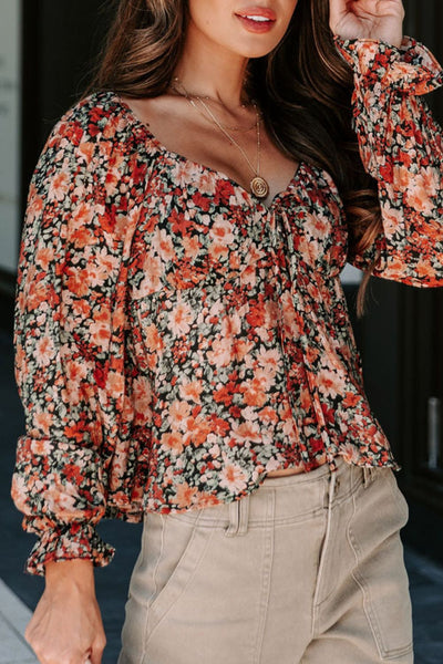 Peplum Tied Flora Long Sleeve Blouse