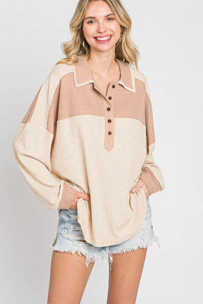 Waffle-Knit Color Block Half Button Long Sleeve Top