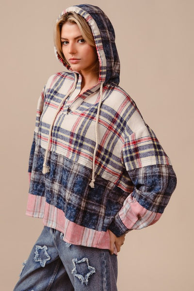 Drawstring Plaid Drop Shoulder Hoodie