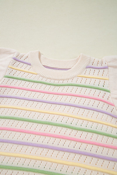 Striped Eyelet Ruffled Sleeve Sweater Sweater Vest