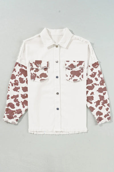 Raw Hem Animal Print Long Sleeve Denim Jacket