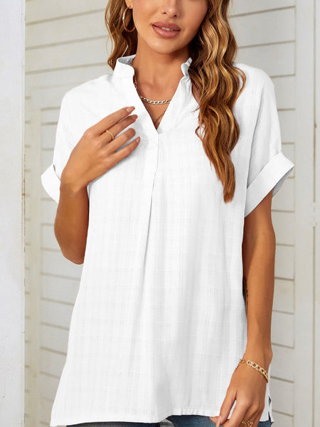 Side Slit Notched Short Sleeve Blouse