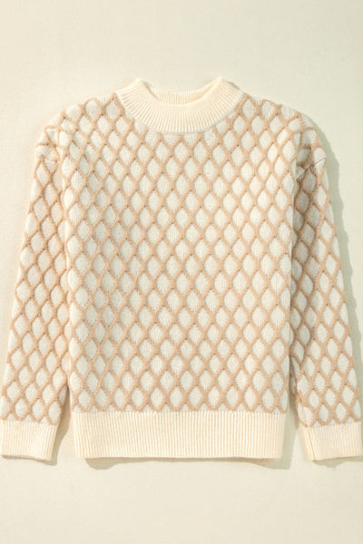 Diamond shaped Pattern Mock Neck Long Sleeve Sweater