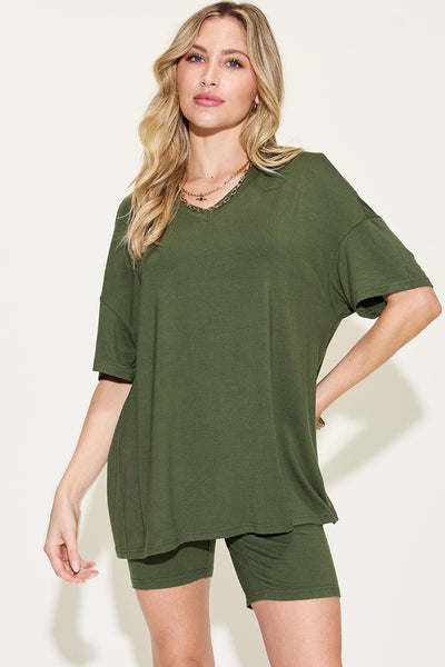 V-Neck Drop Shoulder T-Shirt and Shorts Set