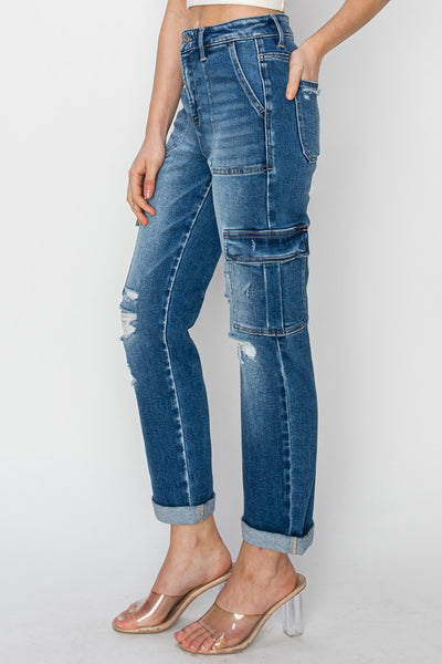 Full Size High Rise Cargo Ankle Roll Up Straight Jeans