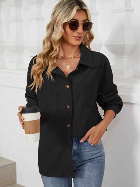 Button Up Dropped Shoulder Long Sleeve Outerwear