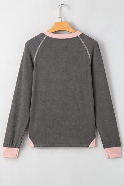 Textured Contrast Stitching Raglan Sleeve Top