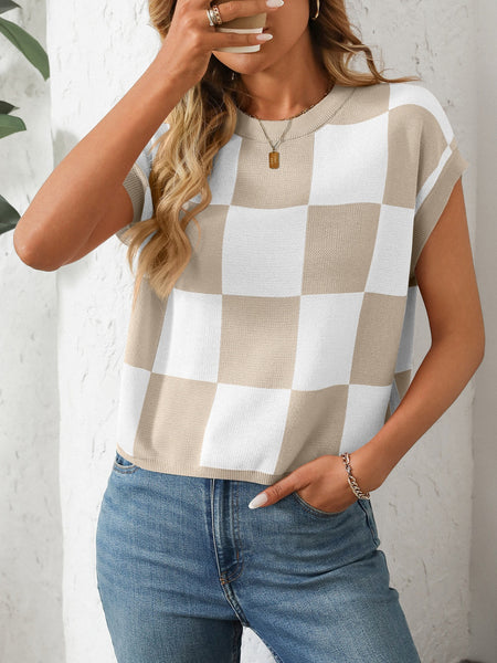 Checkered Round Neck Cap Sleeve Knit Top