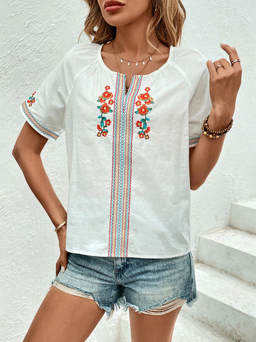 Embroidered Notched Short Sleeve Blouse