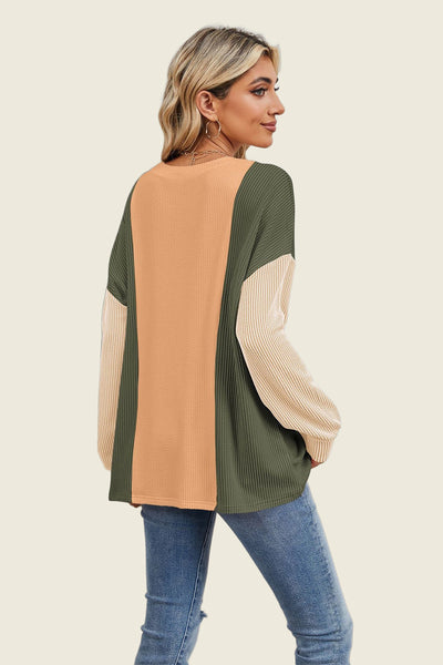 Texture Contrast Round Neck Long Sleeve T-Shirt