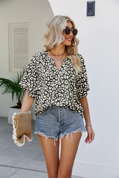 Leopard Notched Half Sleeve Blouse