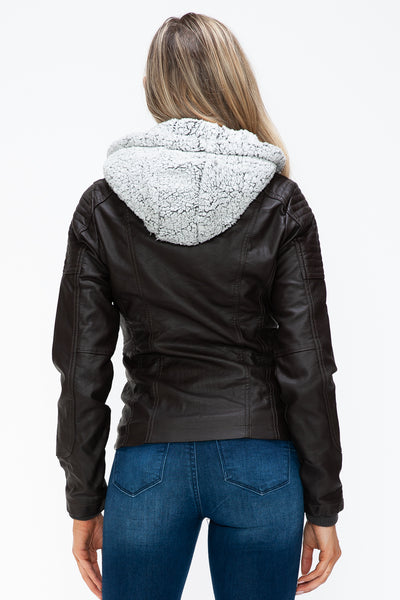 Removable Faux Layered Multi-Pocket Jacket with Fuzzy Hood