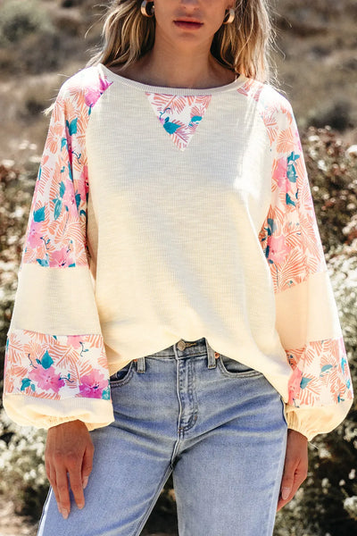 Printed Round Neck Balloon Sleeve Blouse