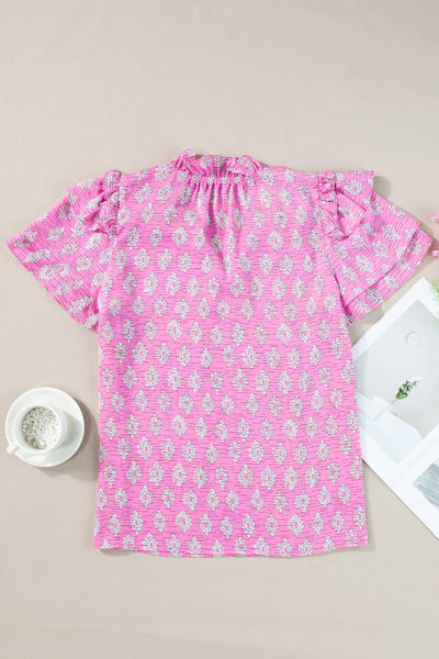 Ruffled Printed Tie Neck Short Sleeve Blouse