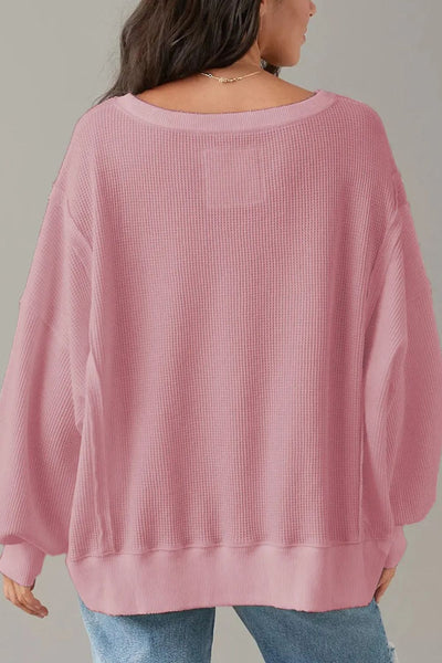 Slit Waffle-Knit Round Neck Long Sleeve