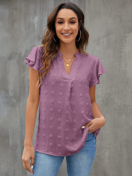 Swiss Dot Notched Flutter Sleeve Blouse