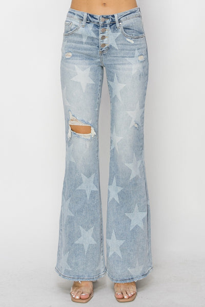Mid Rise Button Fly Start Print Flare Jeans