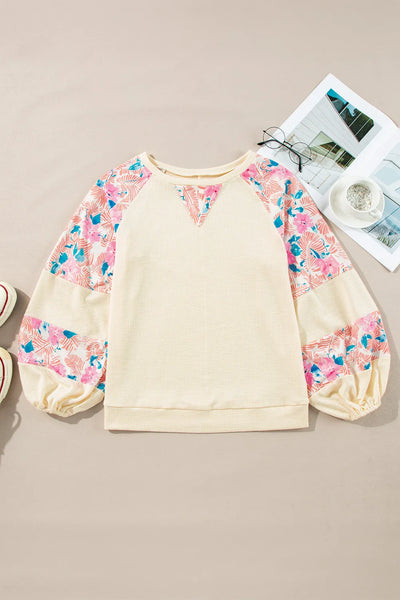 Printed Round Neck Balloon Sleeve Blouse