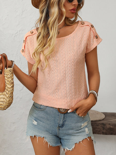 Eyelet Round Neck Short Sleeve Top