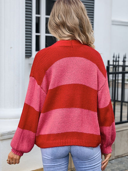 Striped Open Front Dropped Shoulder Cardigan