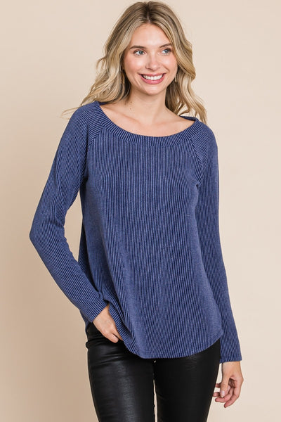 Rib Texture Boat Neck Top