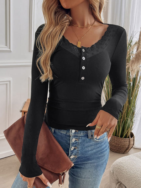 Lace Detail Round Neck Long Sleeve T-Shirt