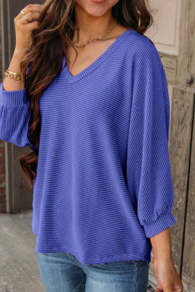 Texture V-Neck Long Sleeve Top