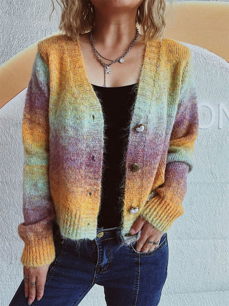 Gradient Heart Shape Button V-Neck Cardigan