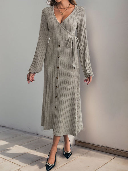 Ribbed Tied Surplice Long Sleeve Dress