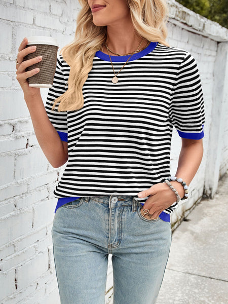 Striped Contrast Round Neck Half Sleeve Knit Top