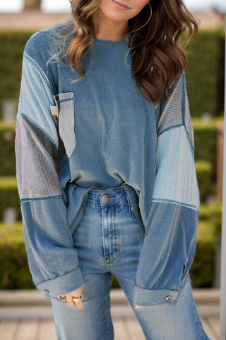 Patchwork Color Block Round Neck Long Sleeve