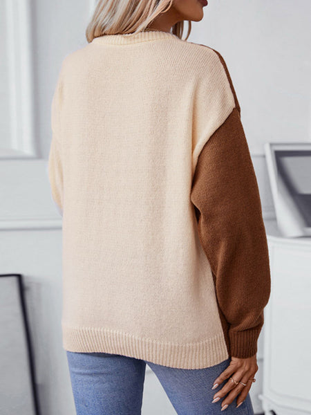 Two Tone Cable Knit Round Neck Long Sleeve Sweater