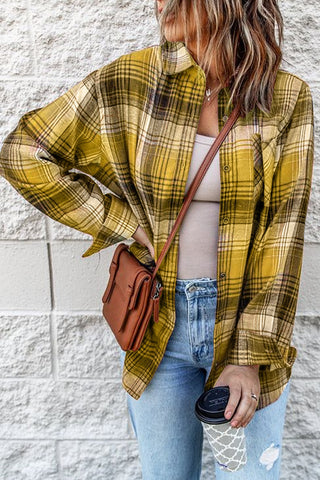 Pocketed Plaid Button Up Long Sleeve Shirt