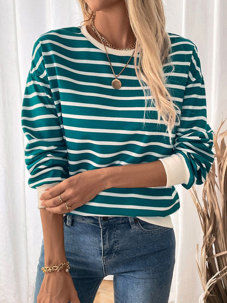 Striped Contrast Round Neck Long Sleeve Sweatshirt