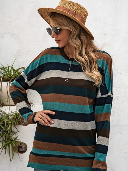 Full Size Striped Round Neck Long Sleeve T-Shirt Plus Size