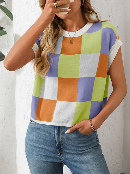 Checkered Round Neck Cap Sleeve Knit Top