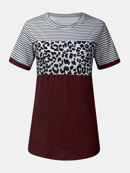 Full Size Striped Leopard Round Neck Short Sleeve T-Shirt