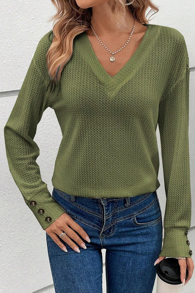 Decorative Button V-Neck Long Sleeve T-Shirt