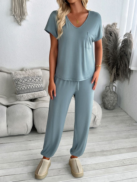 V-Neck Short Sleeve Top and Pants Set