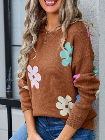 Flower Round Neck Long Sleeve Sweater