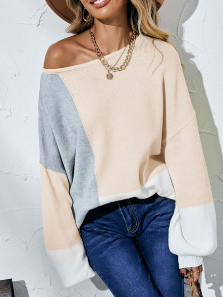 Angel Wings Color Block Balloon Sleeve Boat Neck Sweater