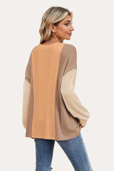 Texture Contrast Round Neck Long Sleeve T-Shirt