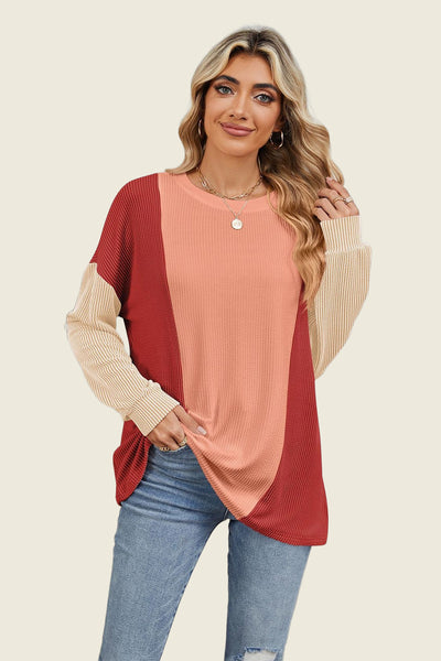 Texture Contrast Round Neck Long Sleeve T-Shirt